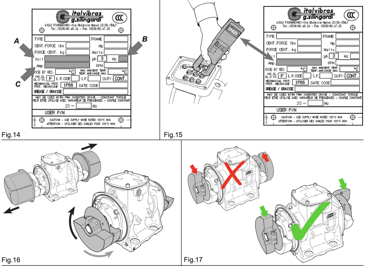 Plaques signalétiques d'un motovibrateur CDX et contrôle du sens de rotation